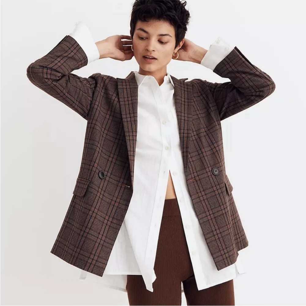 madewell caldwell double-breasted blazer in hedden plaid sz L